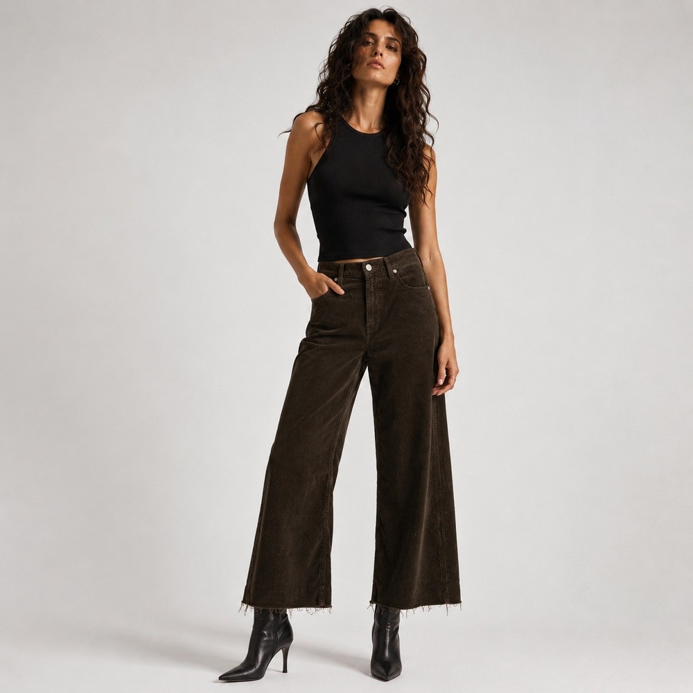 NEW Citizens of Humanity Lyra Corduroy Pants Womens 26 Green Wide Leg Raw Hem 26